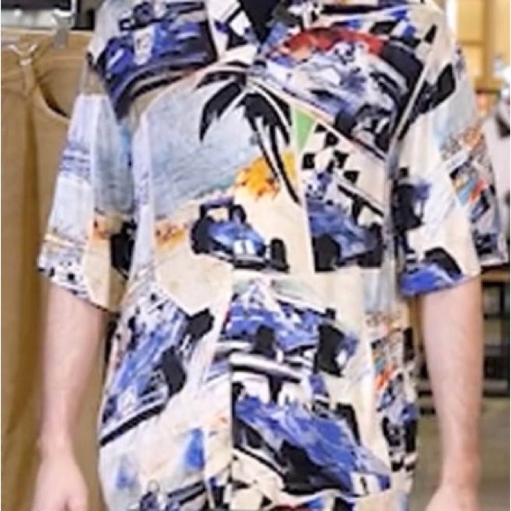 Hugo Boss Espino Race Car Print Camp Graphic Shirt Collar Button Down Oversized - Picture 2 of 10